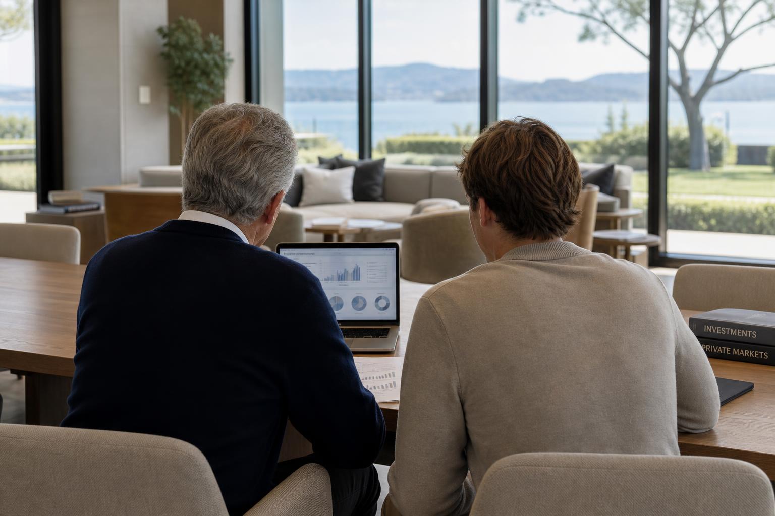 Senior adviser and next-generation family member reviewing investments by a lake