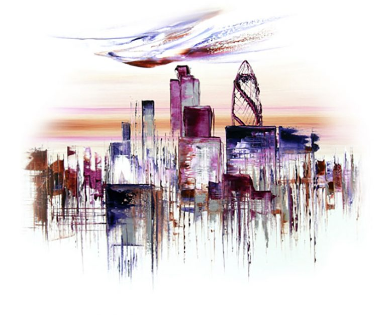 Artistic watercolor skyline of a global financial district