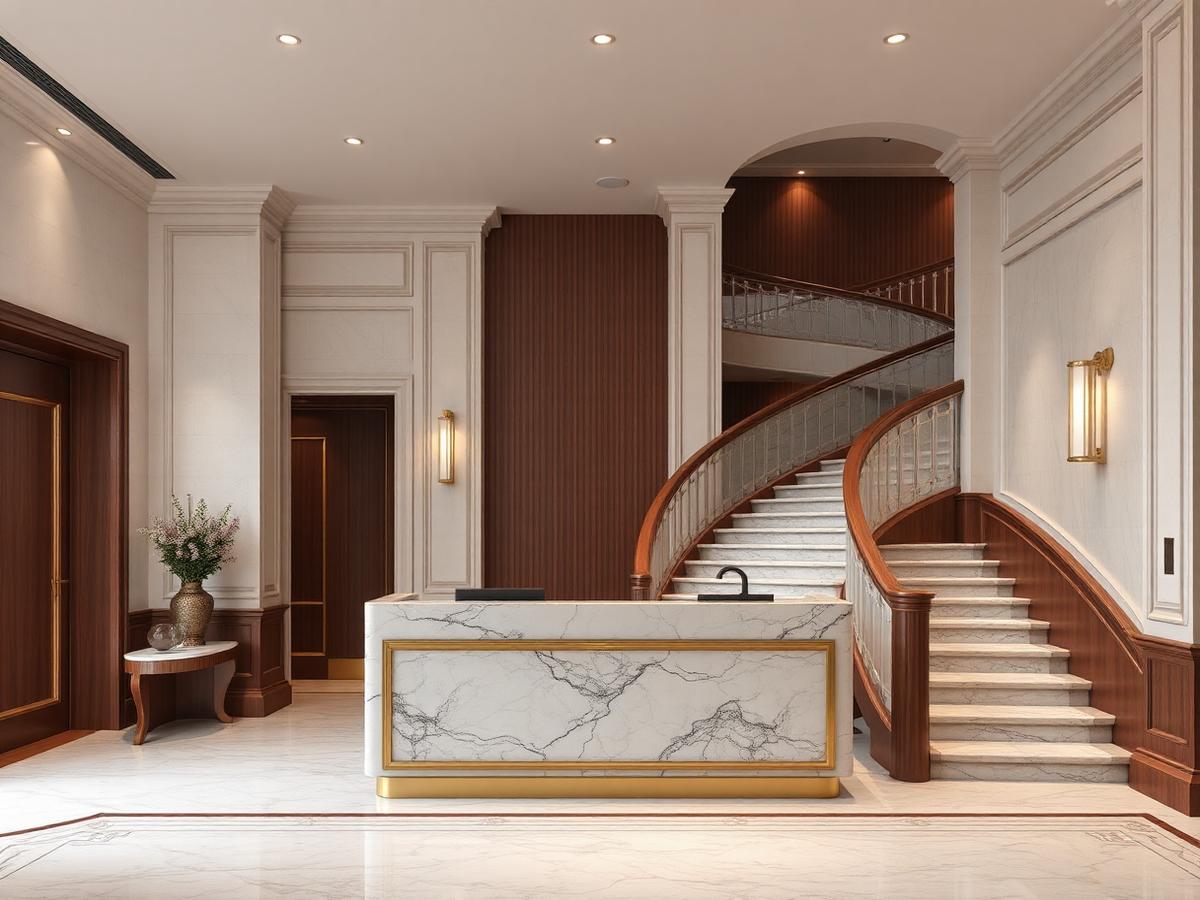 Private bank interior with marble reception and curved staircase