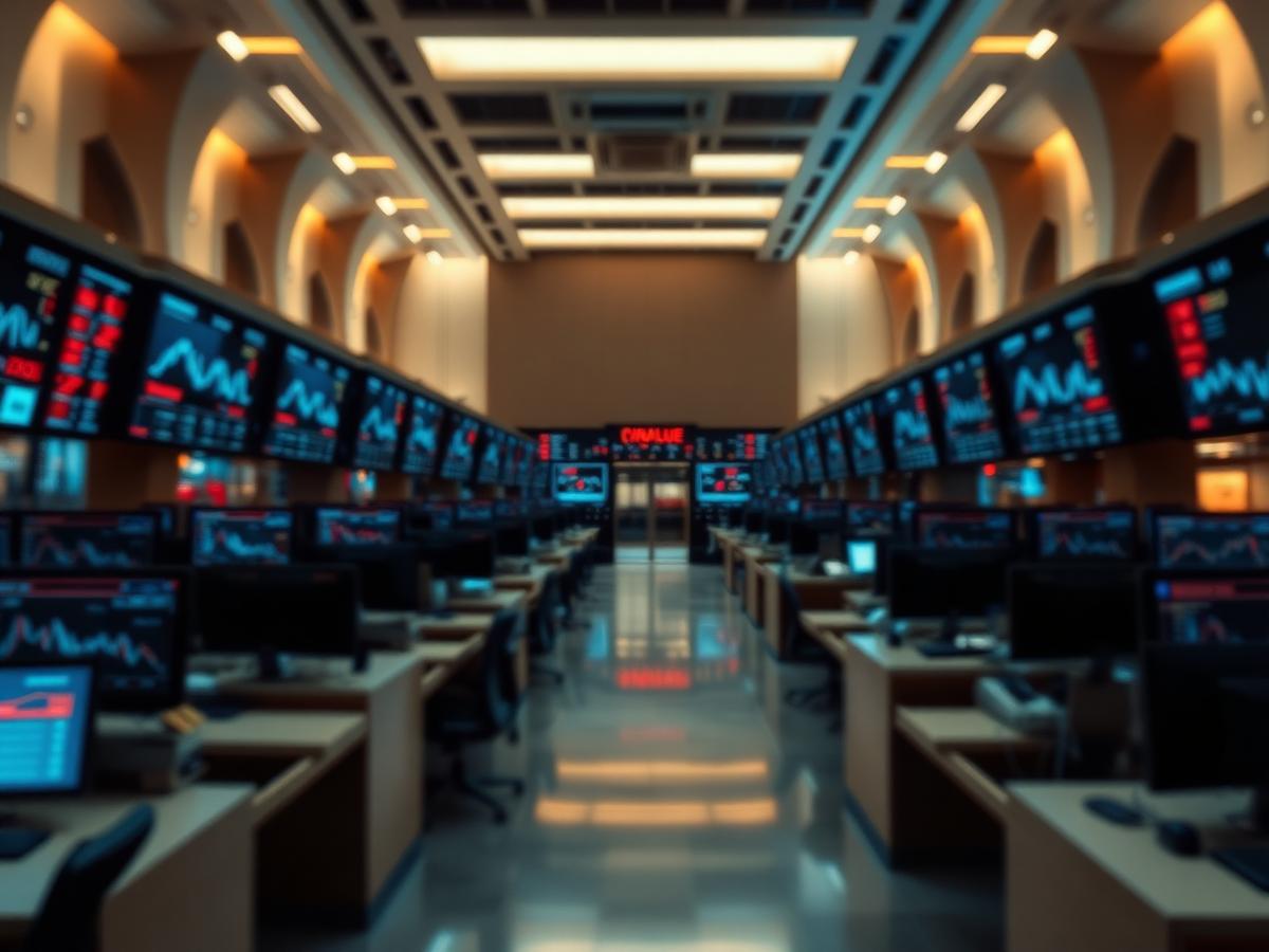 Stock exchange trading floor with glowing market screens