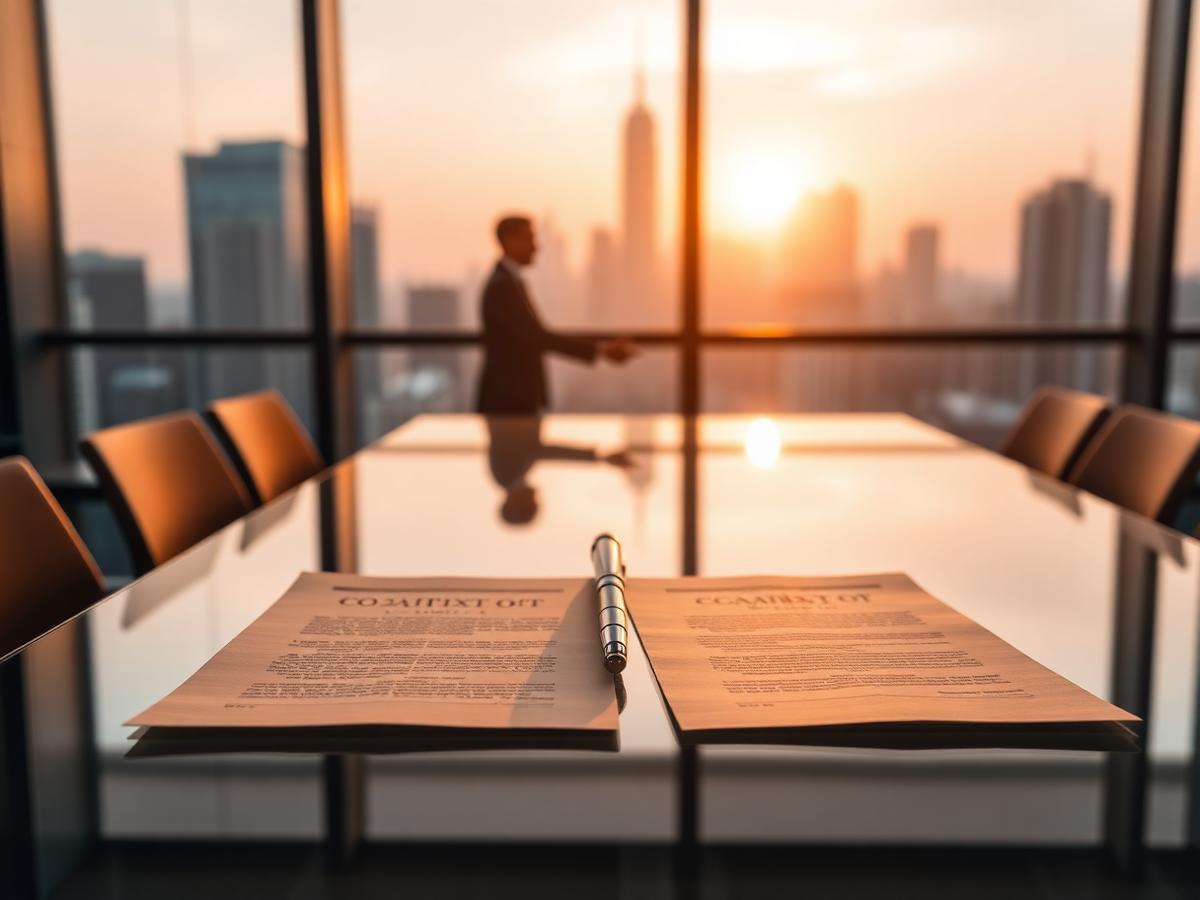 Executed transaction documents on a boardroom table overlooking a financial district
