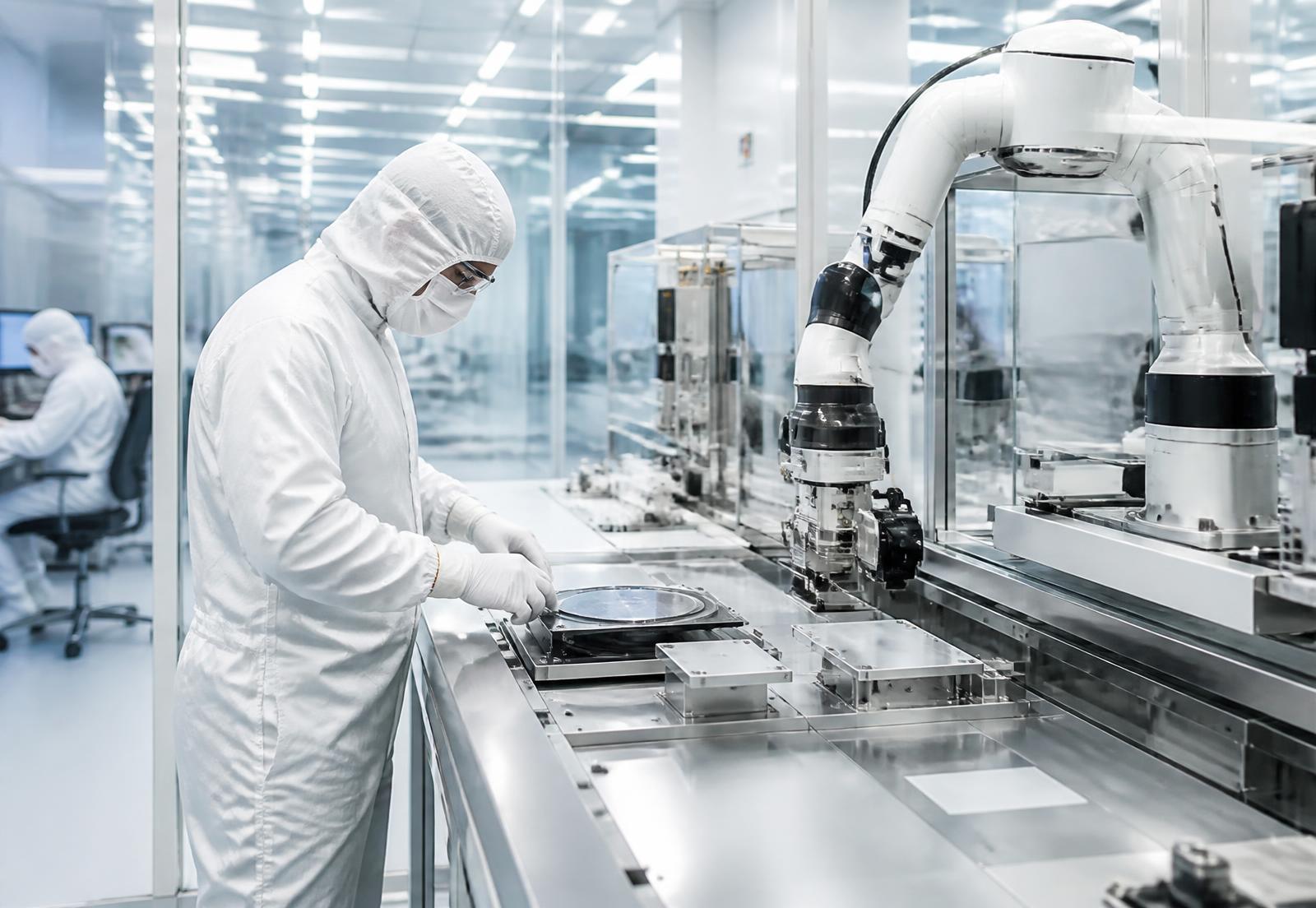 An advanced semiconductor cleanroom with precision robotics