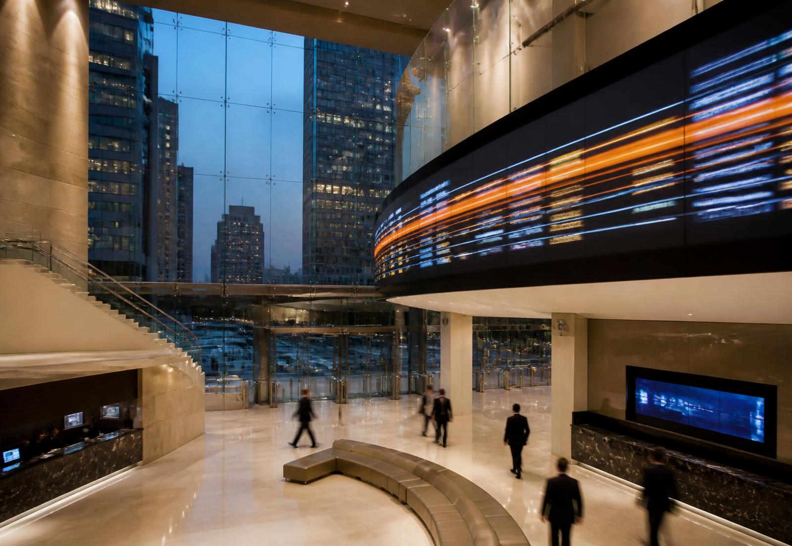Modern exchange listing hall with a curved market display