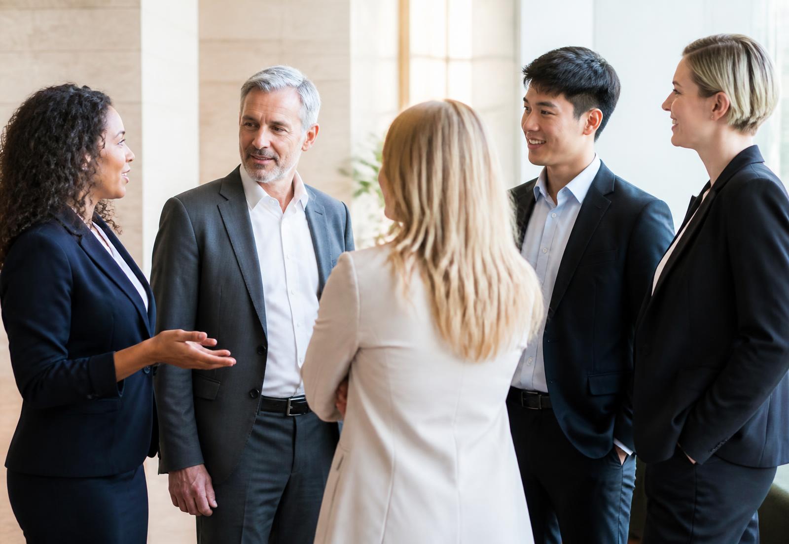 Colleagues of different backgrounds in conversation in a bright office lobby